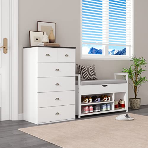 Anjiaqianmo 6-Drawer Dresser, Wood Storage Dresser Cabinet With 2-Top Chest Of Drawers, White & Dark Gray #TOP4