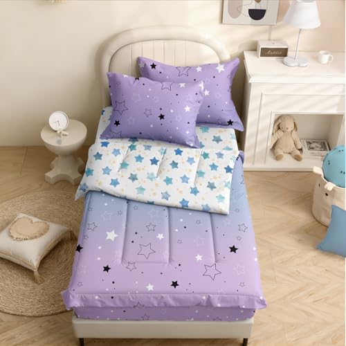 Image of Kids Comforter Set,Zipper Bedding Twin for Girls,Star Printed Comforter Set with Blue Stars Fitted Sheets and Pillowcases for All Season(Star Twin)