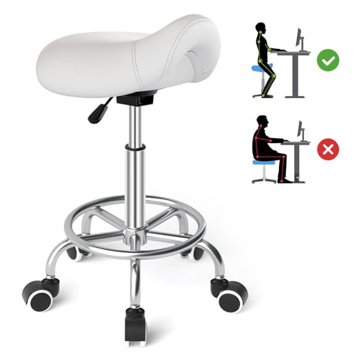 Image of YEEZEE Saddle Stool Ergonomic- Comfortable Rolling Saddle Stool with Wide Thick Saddle Seat Padding, Swivel Adjustable Saddle Chair with Wheels and Ring Pedal for Medical Massage Salon (Classic White)