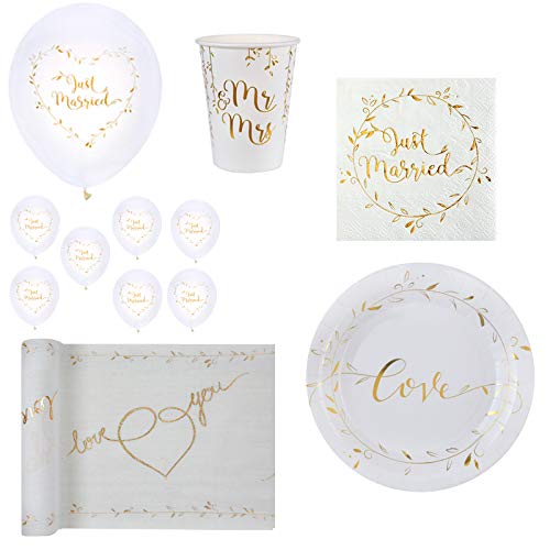 49 Teile Hochzeits-Deko-Set JUST MARRIED weiß & gold - Hochzeits-Deko Tisch-Dekoration Luftballons Teller Becher ServiettenTischläufer JGA Zubehör