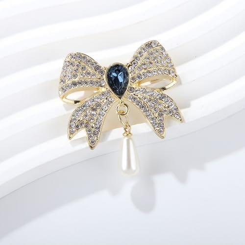 Image of Rhinestone Bow Collar Brooch For Women Dainty Crystal bow Brooch Pin Vintage Blue Sparkling lapel pin Unique Ribbon Bow brooch Badge Clothing Accessory Jewelry Gift