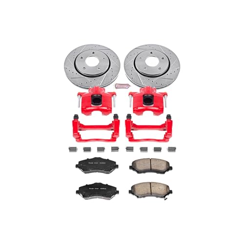 Image of PowerStop Front Brake Kit for Chrysler Town & Country 2008-16 |Dodge Grand Caravan 2008-16 - Carbon-Fiber Ceramic Brake Pads + Drilled & Slotted Rotors + Red Powder Coated Calipers, KC3118