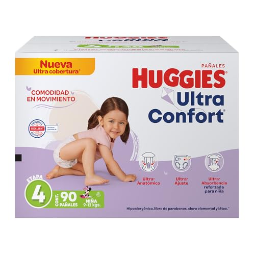 Huggies UltraConfort Pañal Desechable para Bebé, Etapa 4 Niña, Caja con 90 piezas, Ideal para Bebés de 9 a 12 kg