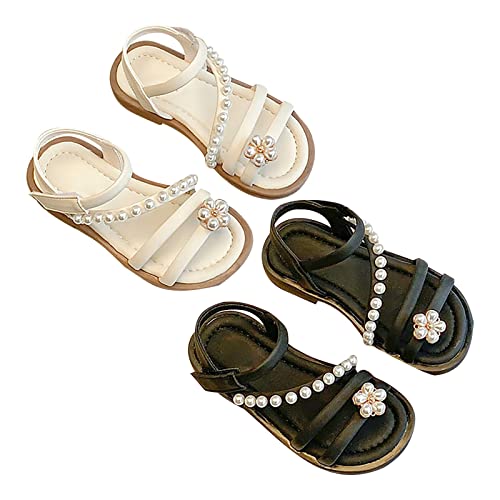 Toddler Girl Shoes Kids Girls Sandals Casual Open Toe Pearl Flower Design Light Weight Adjustable (Beige, 8 Toddler) #TOP1