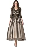 Sunvary Laceshe Affordable V-Neck Sleeves Tea-Length Prom Dress Evening Formal Gown, Brown and Champagne, 14