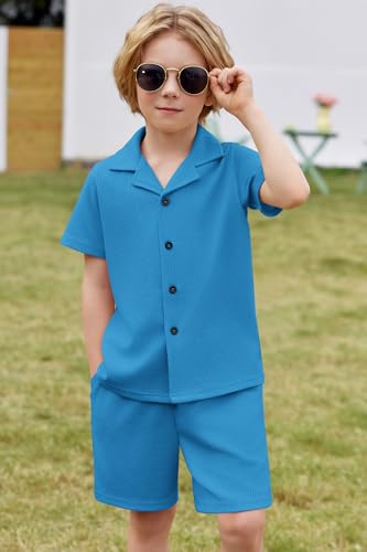 Image of Arshiner Toddler Boys 2 Piece Summer Outfits Waffle Knit Short Sleeve Button Down Shirt & Casual Shorts Sets Size 2-7