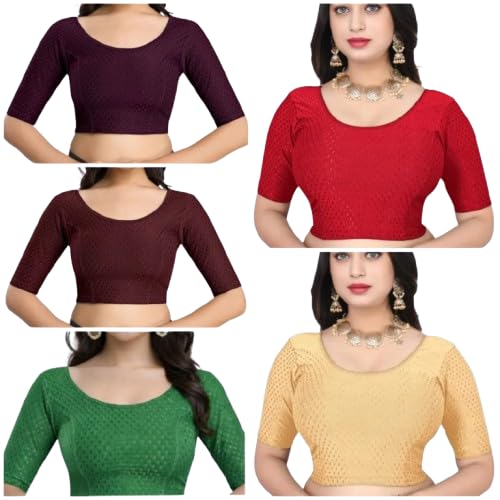 Women Cotton Stretch Saree Blouse | Readymade Plain Blouse with Elbow Sleeves | Daily Colour Black White Red Blue Golden-image-27