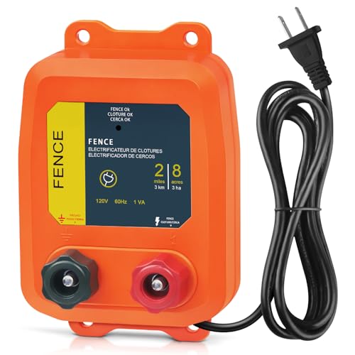 Electric Fence Charger PE2 0.10 Joule 2-Mile/ 8 Acres Plug in Electric Fence Charger for Dogs Livestock Squirrels Chicken Coops (Orange)