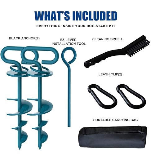 Image of Eurmax USA 2-Pack Heavy Duty Dog Tie Out Stake, No-Tangle In Ground Anchor Runner for Large Dogs up to 210 Lbs - Perfect for Yard, Beach and Camping (Square,Navy Blue)