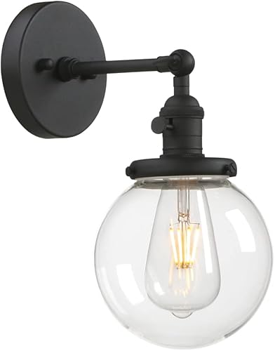Phansthy Aplique de pared industrial negro de la sola lámpara del cuarto de baño con pantalla del globo de 5,9 pulgadas