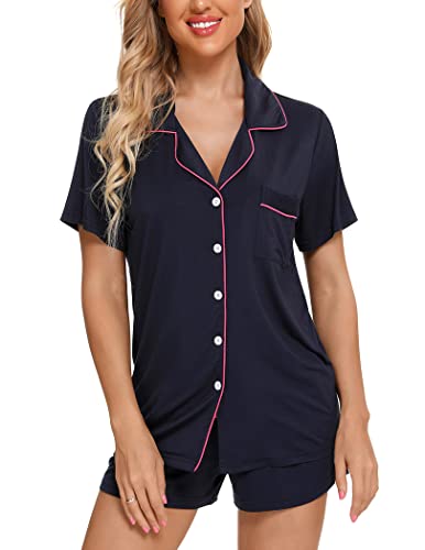 Image of Pjmlifecoco Women's Modal Pajama Set Short Sleeve Button Down Two Piece Soft Sleepwear with Shorts Loungewear S-XXL