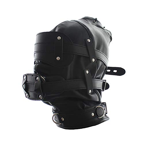 Image of FST Black Leather Bondage Hood,Full Face Blinder Detachable Cover Eye Dildo Mouth Gag Head Hood, for Unisex Adult Play