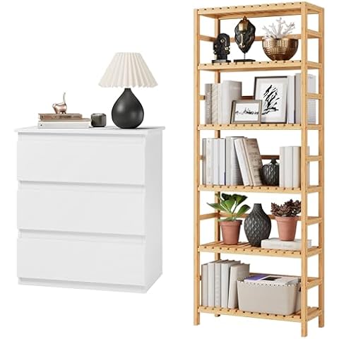 Bamjoy Bamboo 6 Tier Bookshelf and White Nightstand with 3 Drawers Cover