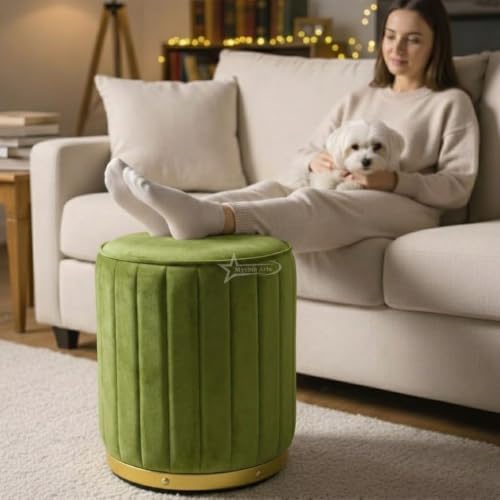 Image of Upholstered Round Linen Strip Stool Living Room Foot Rest Office Stool Pouf Ottoman Padded Seat (Pista Green)
