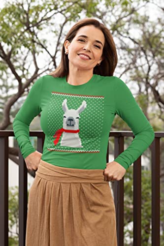 Old Glory Big Llama Ugly Christmas Sweater Holiday Xmas Funny Cute Animal Women’s Long Sleeve T-Shirt, Green, Cotton, Medium #TOP1