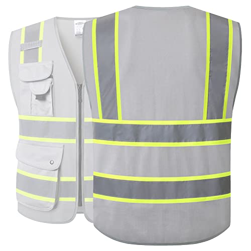 Image of JKSafety 9 Pockets Hi-Vis Fluorescent Color Zipper Front Safety Vest with Neon Color Extended Yellow Trims for Men and Women Work Safety Utility (901-Grey 5XL)