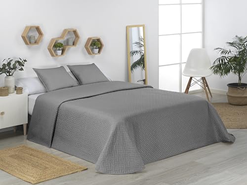 Donegal Collections - Colcha Bouti Lisa Acolchada y Reversible + 1 Cojin Cama 105/120 cm, Color Gris. Colcha Cubrecama de Microfibra Extrasuave, Primavera Verano, Fresca, Acolchado Fino