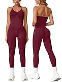 ABOCIW Womens Seamless Workout Sets Halter Sports Bra Impact Longline Strappy Top High Waist Scrunch Butt Lifting Leggings 2 Piece Gym Set Burgendy Red Small
