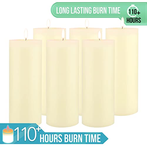 Image of Stonebriar Tall 3 x 8 Inch 110 Hour Long Burning Unscented Wax Flat Top Pillar Candles, Ivory, 6 Pack