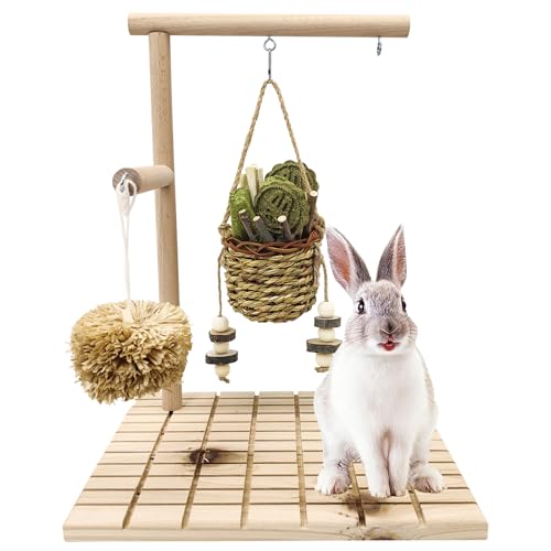 kathson Bunny Chew Toys for Teeth Grinding, Rabbit Wooden Scratch Board Feet Pad Platform Natural Seagrass Hanging Basket Small Animals Play Toy for Guinea Pigs Chinchilla Hamsters(C)