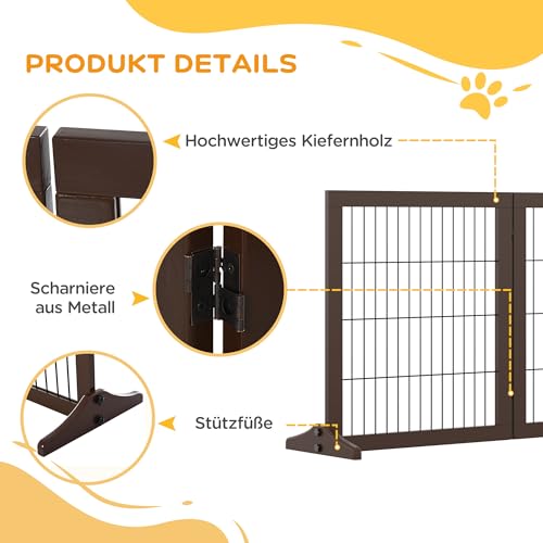 PawHut Absperrgitter Hund Freistehendes Schutzgitter mit Füßen 185 x 71 cm Holz Hundegitter Treppenschutzgitter Treppengitter Hundeabsperrgitter für Treppen, Türen, Küche, Flur, 3 Paneelen, Braun