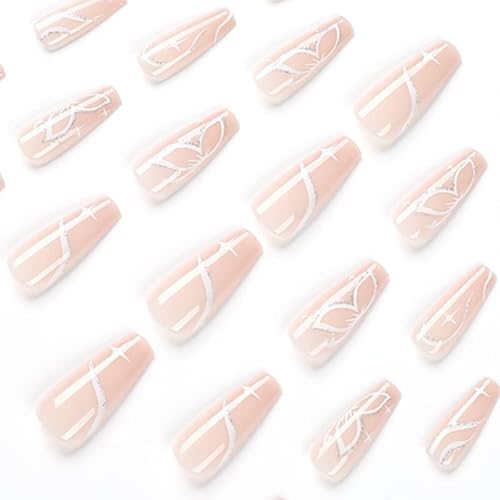 Butterfly Press On Nails,Medium Fake Nails Glossy With French Stripe Wave Line Design Acrylic Fake Nails, Pink Coffin Artificial Glue On Nails For Women And Girls #TOP1
