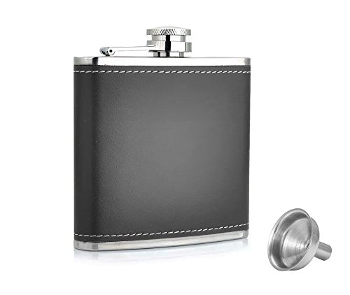 Menzy Leather and Stainless Steel Hip Flask with Funnel - Black (210 Ml)