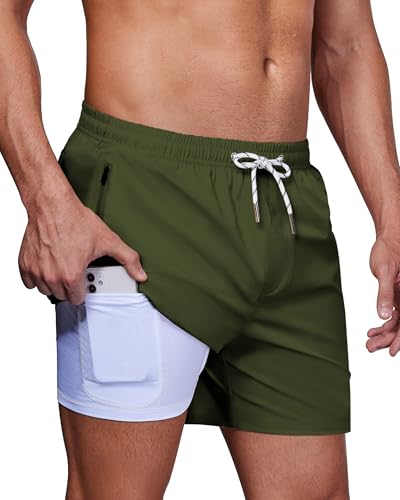 5Inch Mens Swim Trunks: 2 in 1 Compression Liner Quick Dry Stretchy Soft Lined for Beach Pool Sport Dark Green4