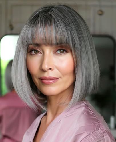 YEESHEDO Kurze Bob Grau mit dunkler Wurzel Haar Perücken Gerade mit Flach Pony Synthetische Bunte Cosplay Tägliche Party Perücke für Frauen Natürliche Wie Echthaar 30 cm YEESHEDO Kurze Bob Grau mit dunkler Wurzel Haar Perücken Gerade mit Flach Pony Synthetische Bunte Cosplay Tägliche Party Perücke für Frauen Natürliche Wie Echthaar 30 cm