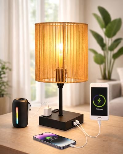 Image of Homesake Touch Table Lamp with USB A + Type C Charging Ports Dual AC Outlets, Touch Control, Medium Size, Bulb Included Night Stand, Bedside Desk Light Bedroom Living Room Office, (Raffia Rectangle)