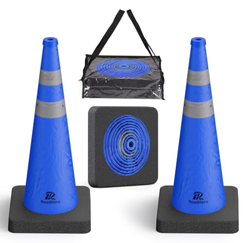 RoadHero 28 Inch Collapsible Traffic Safety Cones with Black Weighted Base Construction Blue Cones with Reflective Collars for Road Safety Driving Training Parking Lots 2 Pack