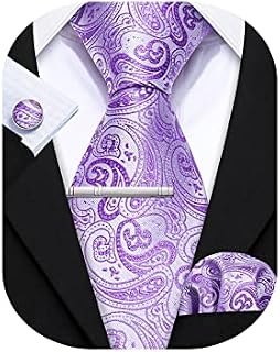 Barry.Wang Men Paisley Floral Silk Tie Set Necktie Solid Handkerchief Cufflinks Tie Clip Wedding Business
