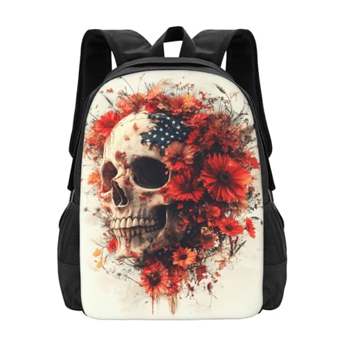 Image of Floral Skull Print Backpack For Men Women Lightweight Daypack For Daily Commutes Business Travel Hiking