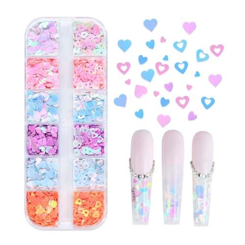 Heart Nail Sequins 12 Grids 6 Colors Holographic Solid and Hollow Hearts Glitter Nail Art Sequins for Women Valentines Manicure Shiny Decorations DIY Body Makeup Crafts