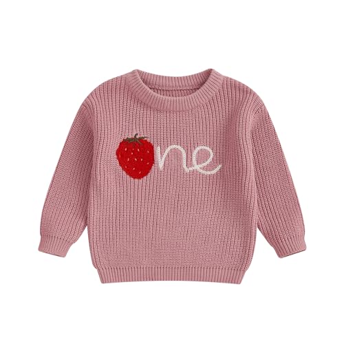 Baby Girls First Birthday Sweater Strawberry One Embroidery Knit Pullover Tops 1st Birthday Baby Clothes (Dark Pink, 12-18 Months)