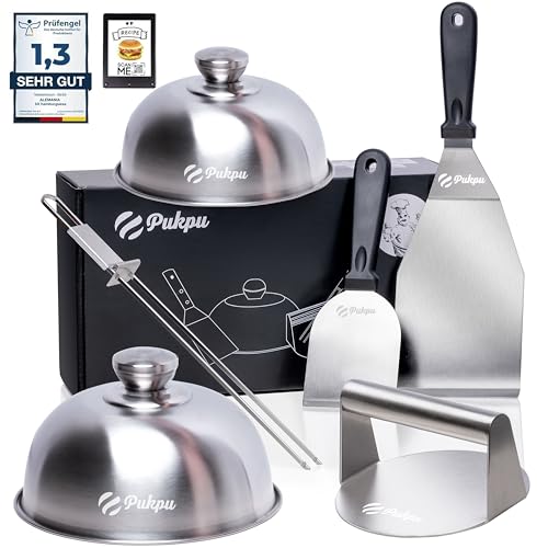 Kit Smash Burger Profesional – Prensa para Hamburguesas, Espátula, Campana para Cocinar, Set de Barbacoa, Accesorios Cocina Hombre – Acero Inoxidable, Ideal para Parrilla o Sartén (Negro-6)