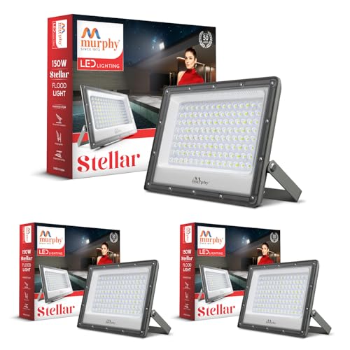Image of Murphy Stellar 150W LED Flood Light with 2-Year Warranty | Cool White | High Brightness Outdoor LED for Security, Landscape, Warehouse, Backyard | IP66 Waterproof | BIS Approved Pack of 3