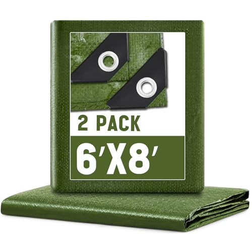 Image of 2 Pack 6 x 8 ft 5.5 Mil Large Tarps Heavy Duty Waterproof Tarp Multi Purpose Tent Cover for Home Boats Cars Camping Patio Furniture Roof Emergency Rain Protective Cover, Army Green