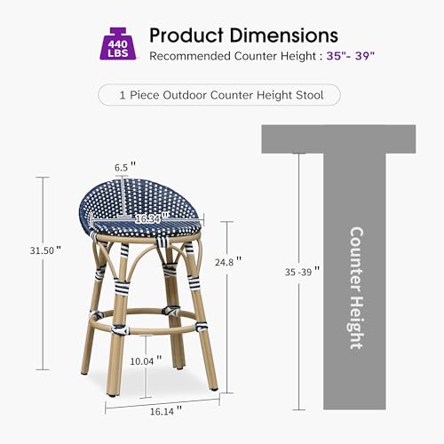 Image of PURPLE LEAF Patio Oversized Backrest Counter Height Stool Set of 1 Outdoor Round Barstools Aluminum Frame in Champagne Finish Woven Rattan for Indoor Kitchen Dining Bistros Cafe Restaurant Navy Blue