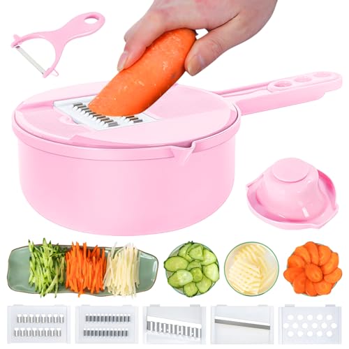 Vegetable Chopper-7 IN 1 Potato Slicer,Vegetable Grater Food Chopper with Container Multifunctional Chopper Vegetable Cutter Slicer With 6 Stainless Steel Blades For Kitchen (Pink, 7 in 1)