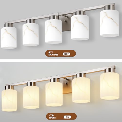 Image of 5-Light Bathroom Light Fixtures, Modern Vanity Lights, Brushed Nickel Metal Wall Lamp with White Marble Glass for Bathroom, Mirror, Living Room, Bedroom, Cabinet, Porch, Hallway, E26 Base