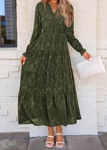Image of KIRUNDO Spring Wedding Guest Dresses for Women 2026 Maxi Floral Long Sleeve Elegant Ruffle Tiered Flowy Party Long Dress