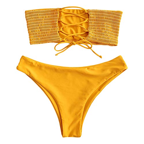 ZAFUL Women's Bathing Suit Adjustable Back Lace-up Bandeau Bikini Set (M, Bee Yellow-Shirred)
