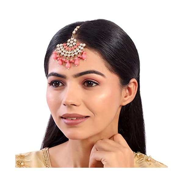 ACCESSHER Gold Plated Traditional Chandbali Style Maangtika with Handcut Mirrors and Dangling Beads | Gifting for Karwachauth | - Image 6