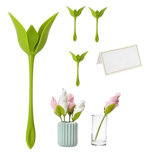 Image of Green Flower Napkin Holders Set of 4 for Dining Table, Rose Bud Serviette Rings with Reusable Plastic Stem Design, Decorative Table Accessories for Wedding Party BBQ Dinner