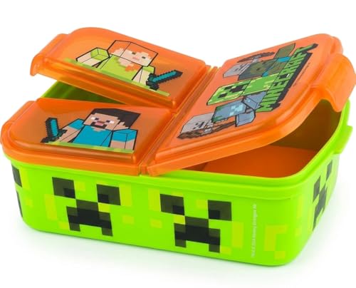 Minecraft Brotdose Kinder - Lunchbox mit 3 Fächern und Clip-Verschlüssen Bento Snackbox aus Kunststoff für Kindergarten Schule und Freizeit - Vesperdose robust & leicht zu öffnen