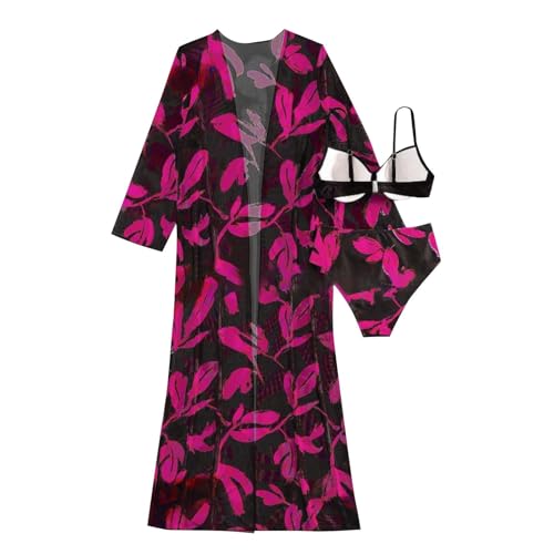 Bikini Sets for Women Sexy Split Type 3 Piece Swimsuit High Waist Fashion Drawstring Bathing Suit Floral Print Swimwear Hot Pink