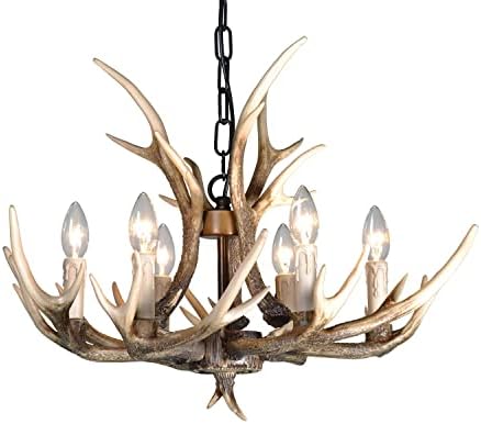 BAINUO Resin Antler Chandelier Lighting 6 Light Antler Ceiling Light Fixture Vintage Style for Living Room Dining Room Cabin Kitchen Island Large Rustic Farmhouse Deer Antler Horn Chandelier
