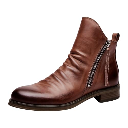 Men's Genuine Leather Pointed Toe Block Heels Chelsea Ankle Boots with Side Zipper Chunky heels Business Dress Chukka Boots Comfort Non Slip Booties