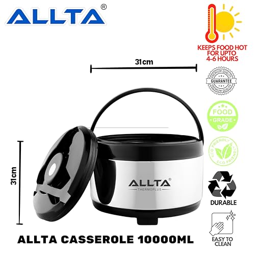 Image of ALLTA Stainless Steel Casserole 10 Litre | Large Family Size Double Wall Insulated Hot Pot & Roti Box | Keeps Food Hot upto 8 Hours | Airtight, Leakproof | Ideal for Parties & Bulk Serving (10000ml)